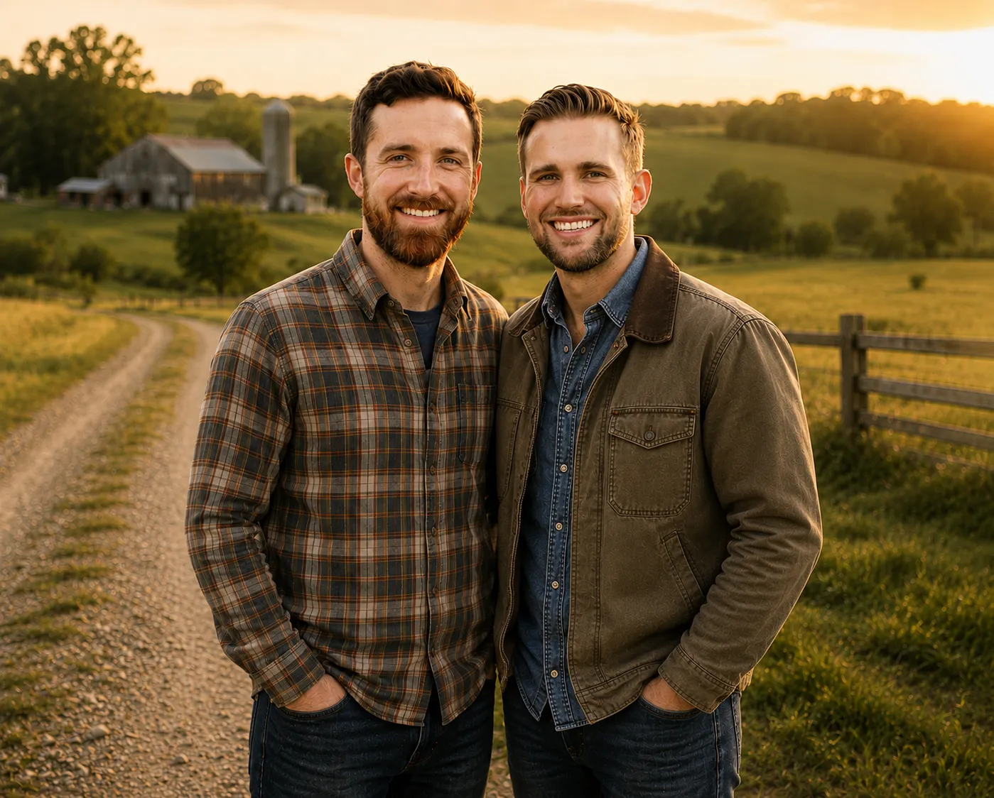 Nick and Christian of Christian Land Partners, outdoors on a gravel farm road at sunset